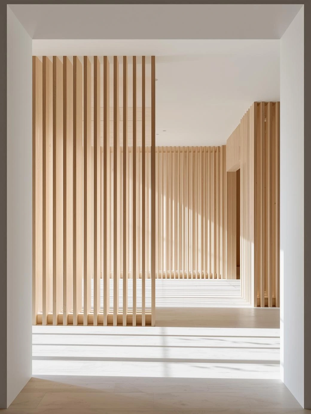 A modern slatted partition in a bright living room, enhancing the space and adding style and functionality.